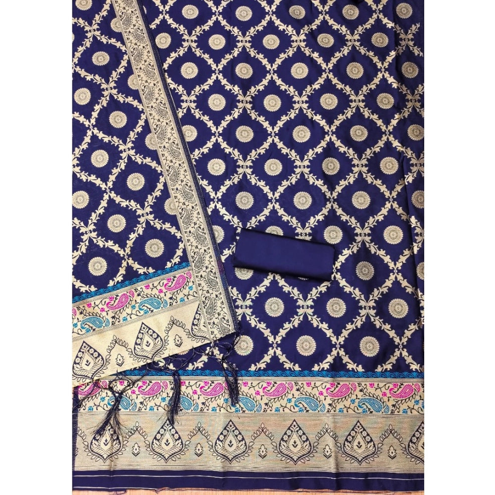 HD Women's Banarasi Silk Printed Unstitched Salwar Suit Material With Dupatta (Navy Blue, 3Mtrs)