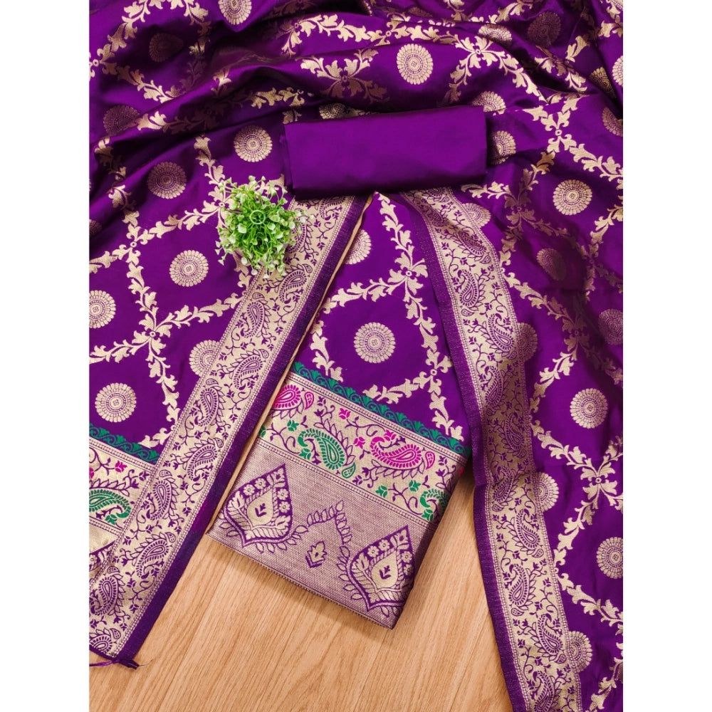HD Women's Banarasi Silk Printed Unstitched Salwar Suit Material With Dupatta (Purple, 3Mtrs)