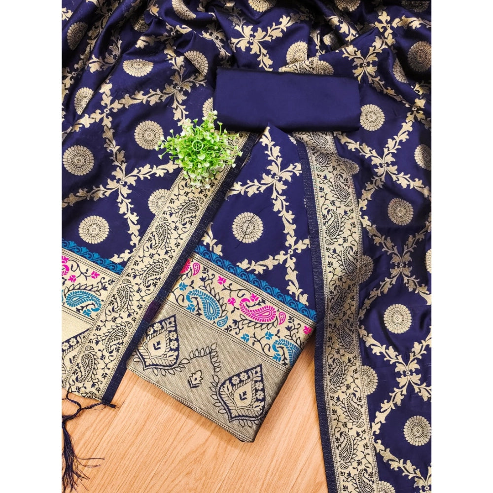 HD Women's Banarasi Silk Printed Unstitched Salwar Suit Material With Dupatta (Navy Blue, 3Mtrs)