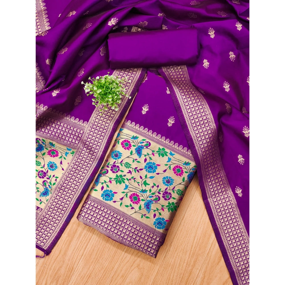 HD Women's Banarasi Silk Printed Unstitched Salwar Suit Material With Dupatta (Purple, 3Mtrs)