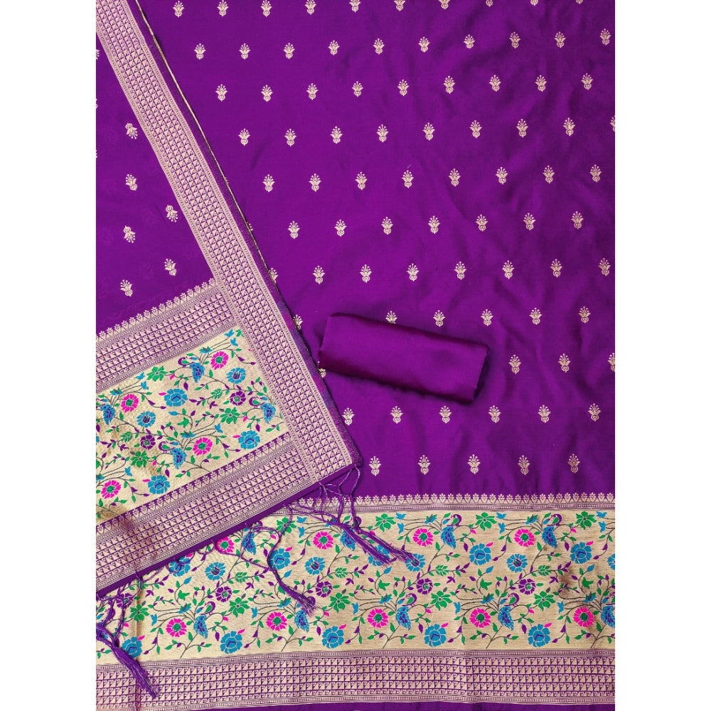 HD Women's Banarasi Silk Printed Unstitched Salwar Suit Material With Dupatta (Purple, 3Mtrs)