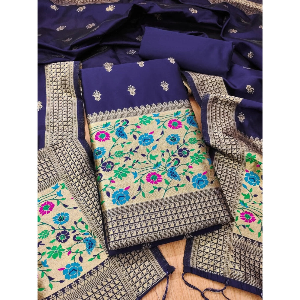 HD Women's Banarasi Silk Printed Unstitched Salwar Suit Material With Dupatta (Navy Blue, 3Mtrs)