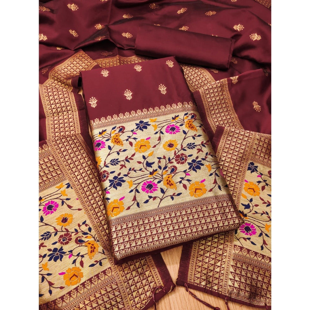 HD Women's Banarasi Silk Printed Unstitched Salwar Suit Material With Dupatta (Maroon, 3Mtrs)