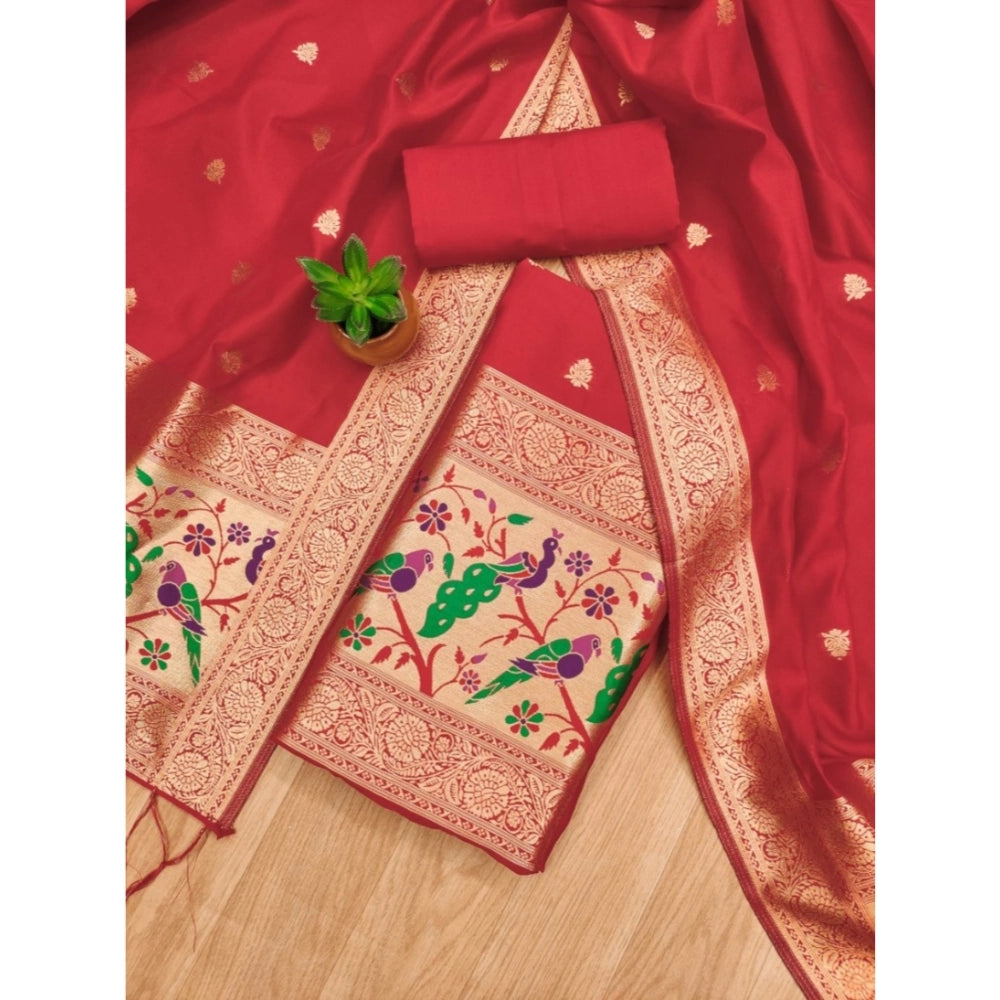 HD Women's Banarasi Silk Printed Unstitched Salwar Suit Material With Dupatta (Red, 3Mtrs)