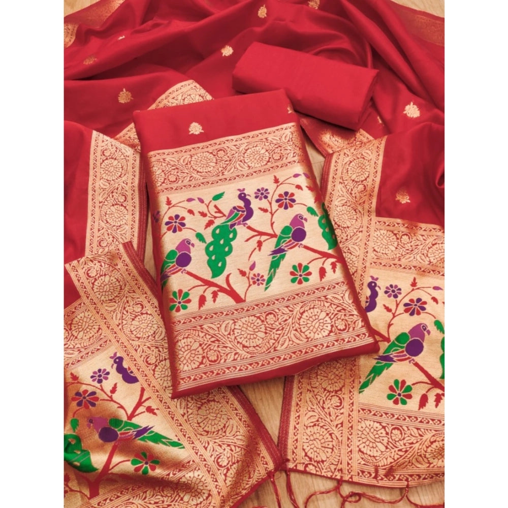 HD Women's Banarasi Silk Printed Unstitched Salwar Suit Material With Dupatta (Red, 3Mtrs)