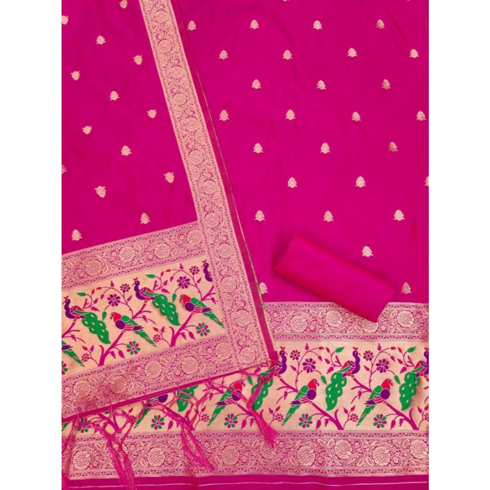 HD Women's Banarasi Silk Printed Unstitched Salwar Suit Material With Dupatta (Pink, 3Mtrs)