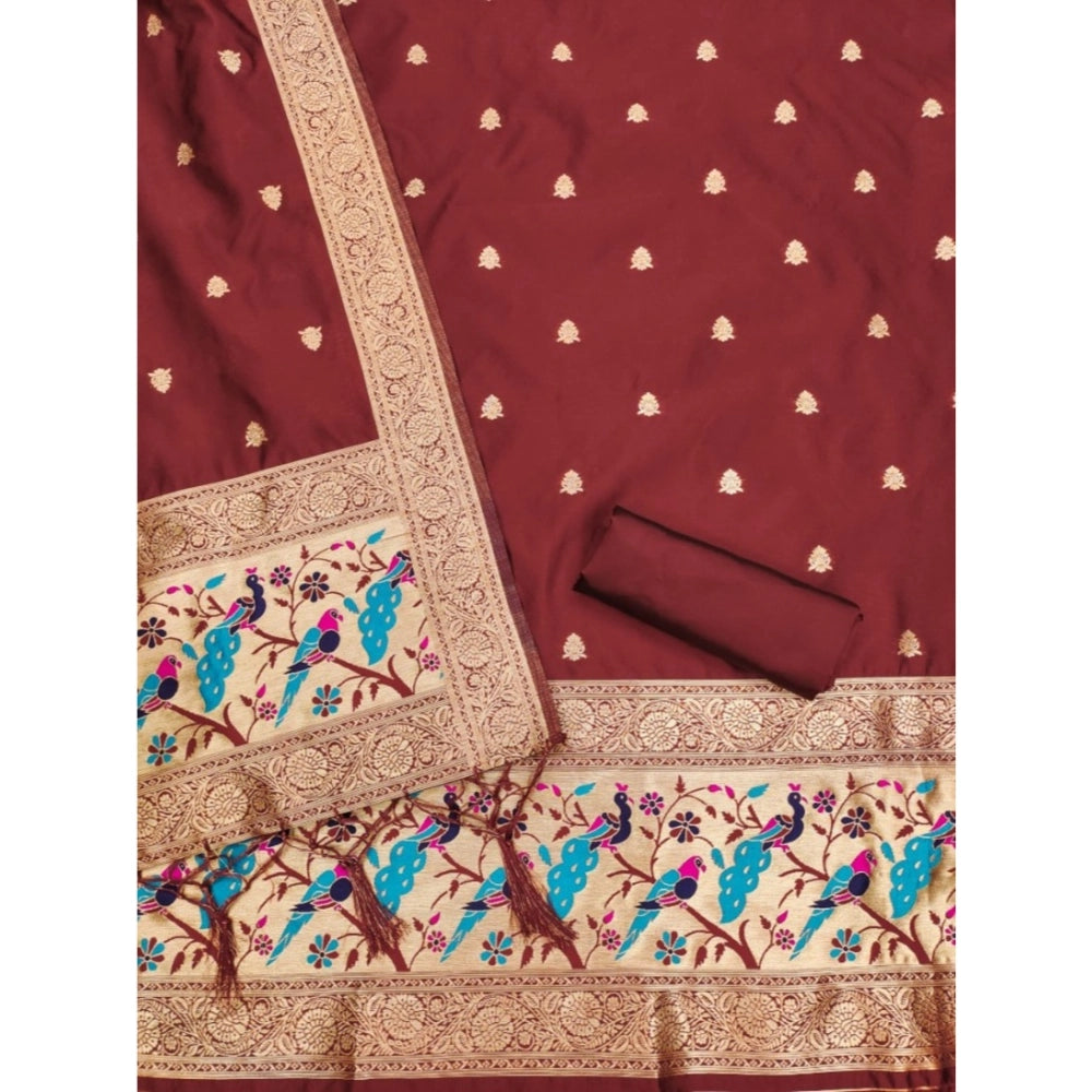 HD Women's Banarasi Silk Printed Unstitched Salwar Suit Material With Dupatta (Maroon, 3Mtrs)