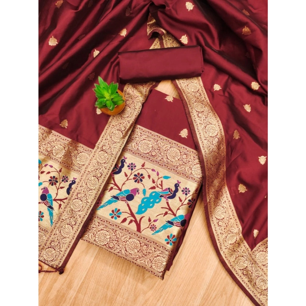 HD Women's Banarasi Silk Printed Unstitched Salwar Suit Material With Dupatta (Maroon, 3Mtrs)
