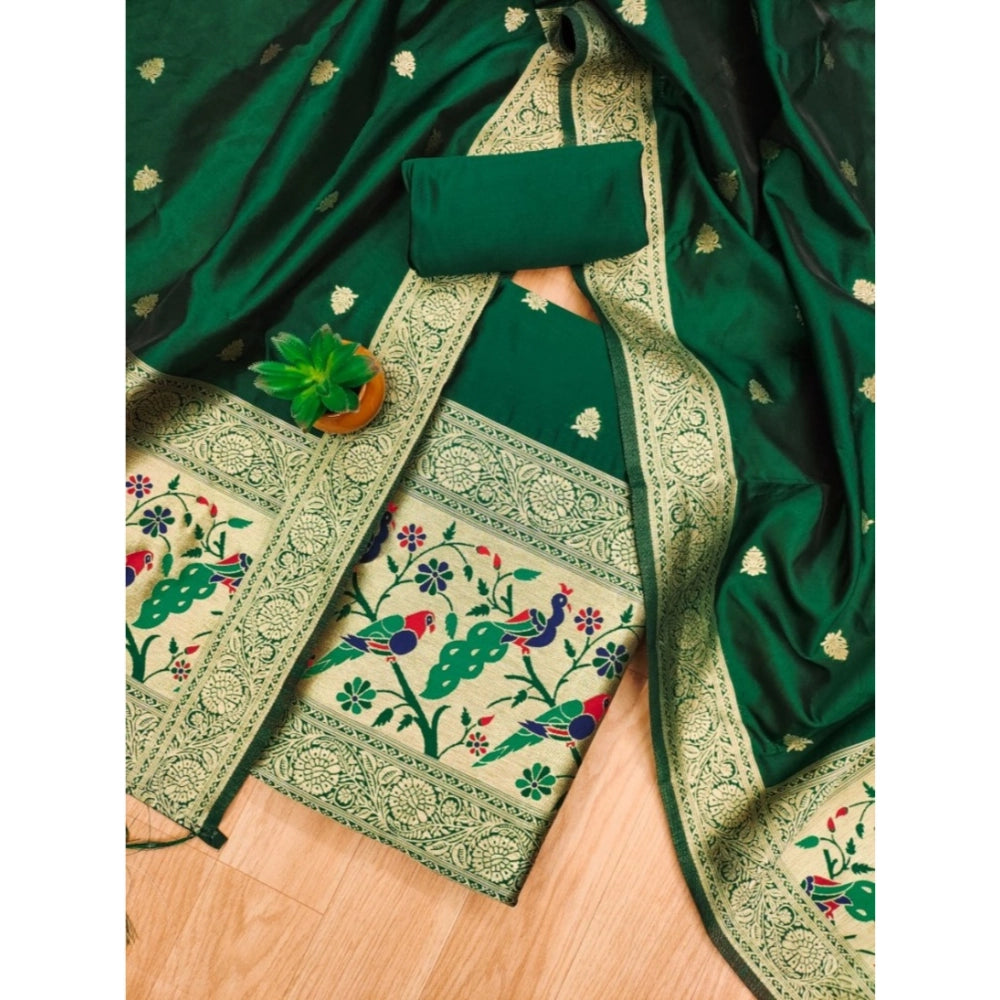 HD Women's Banarasi Silk Printed Unstitched Salwar Suit Material With Dupatta (Bottle Green, 3Mtrs)