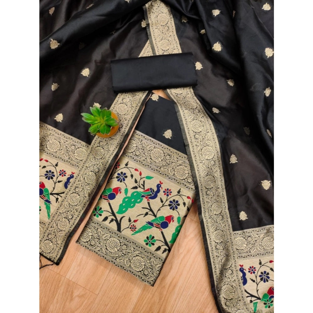HD Women's Banarasi Silk Printed Unstitched Salwar Suit Material With Dupatta (Black, 3Mtrs)