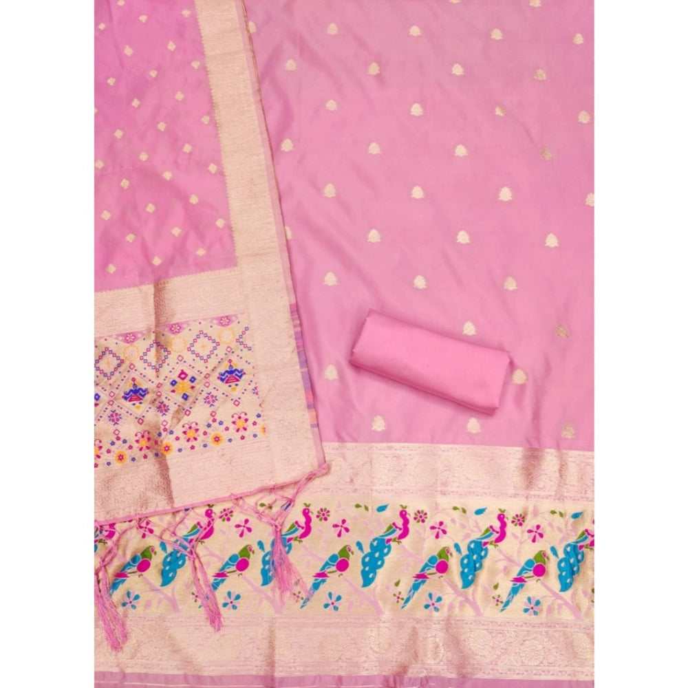 HD Women's Banarasi Silk Printed Unstitched Salwar Suit Material With Dupatta (Light Pink, 3Mtrs)