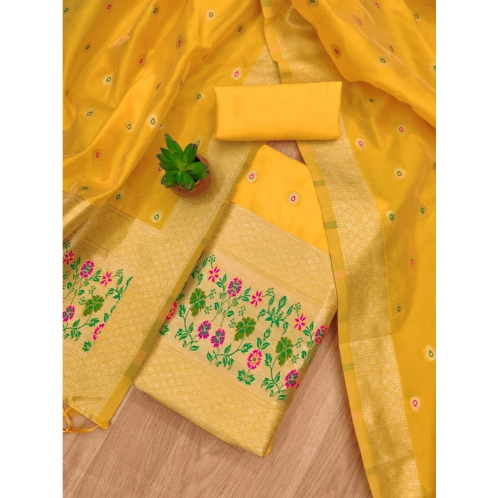 HD Women's Banarasi Silk Printed Unstitched Salwar Suit Material With Dupatta (Yellow, 3Mtrs)