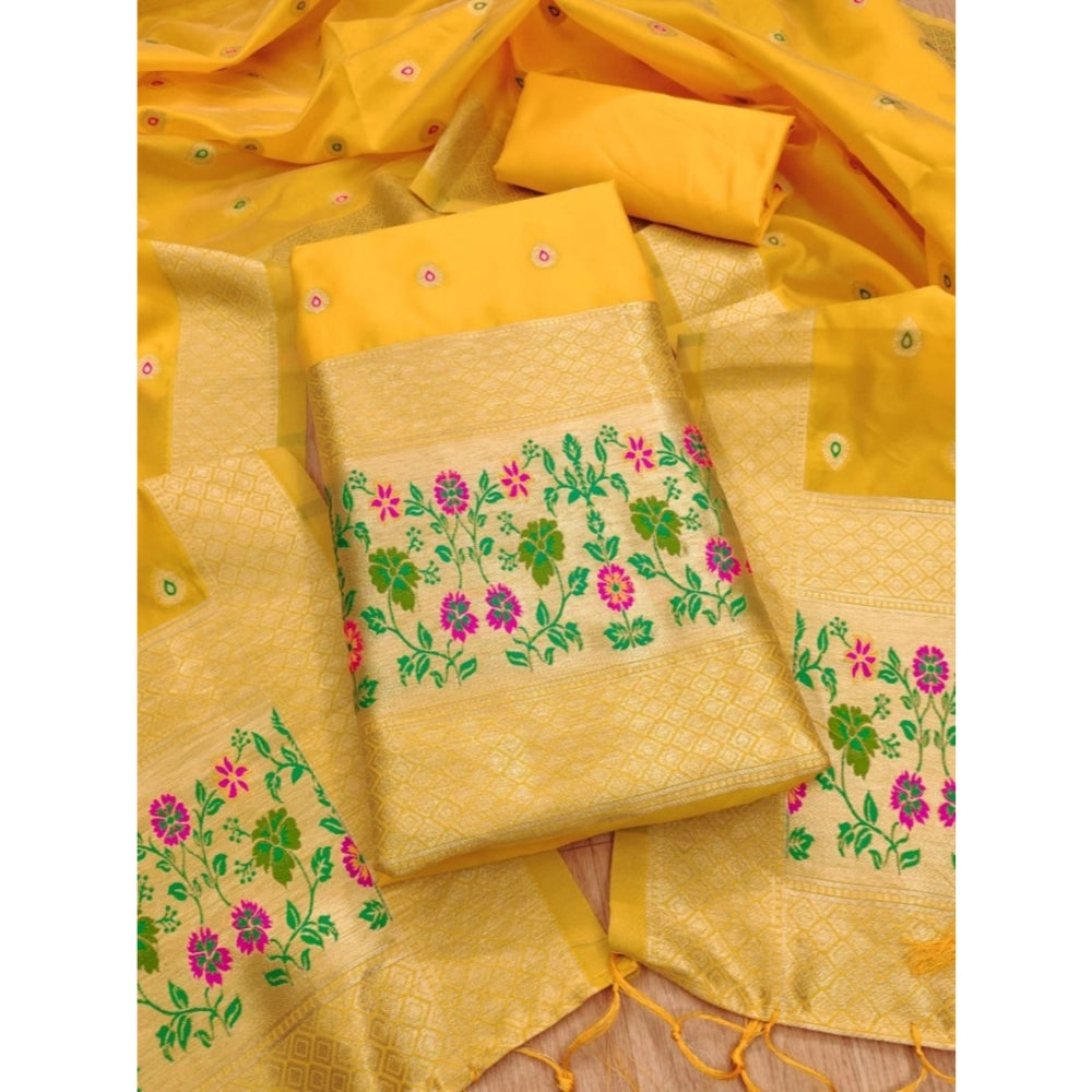 HD Women's Banarasi Silk Printed Unstitched Salwar Suit Material With Dupatta (Yellow, 3Mtrs)
