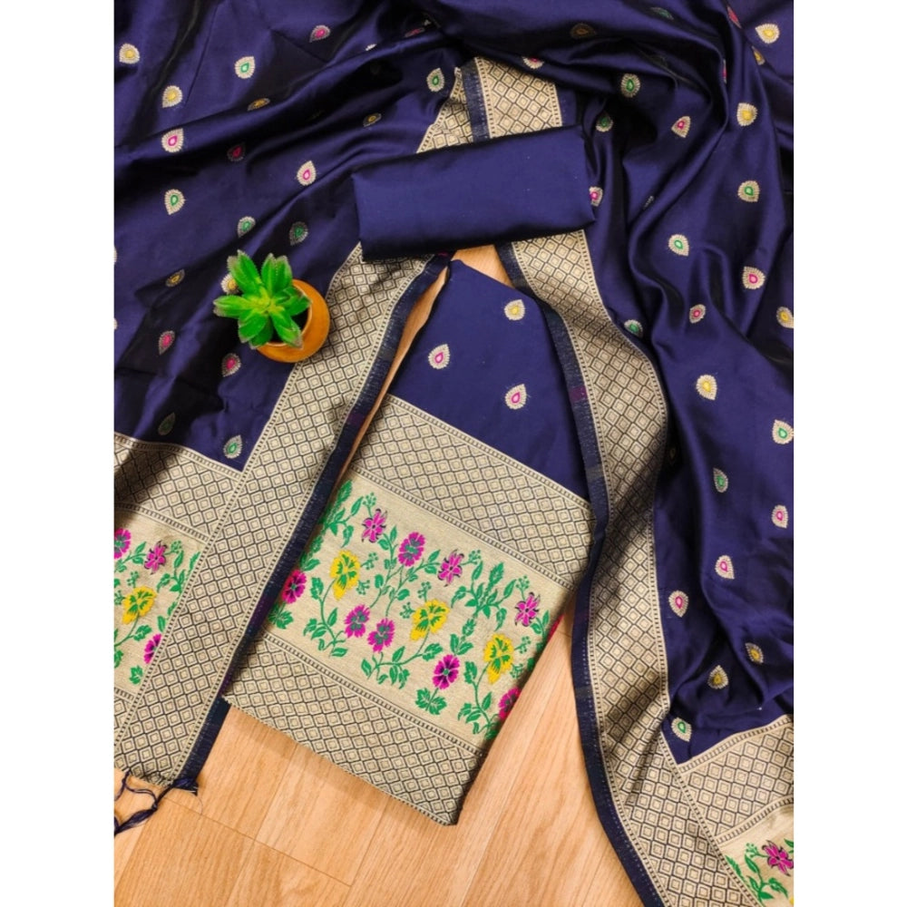 HD Women's Banarasi Silk Printed Unstitched Salwar Suit Material With Dupatta (Navy Blue, 3Mtrs)