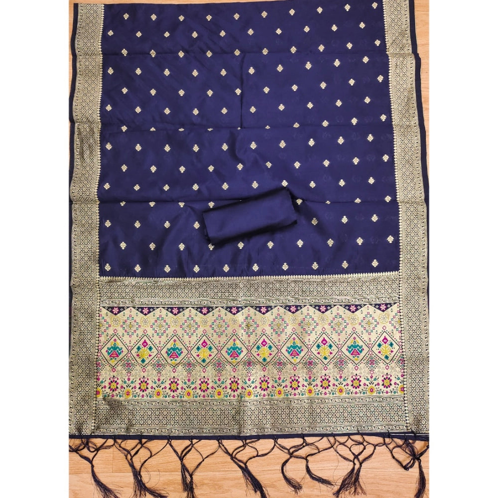 HD Women's Banarasi Silk Printed Unstitched Salwar Suit Material With Dupatta (Navy Blue, 3Mtrs)