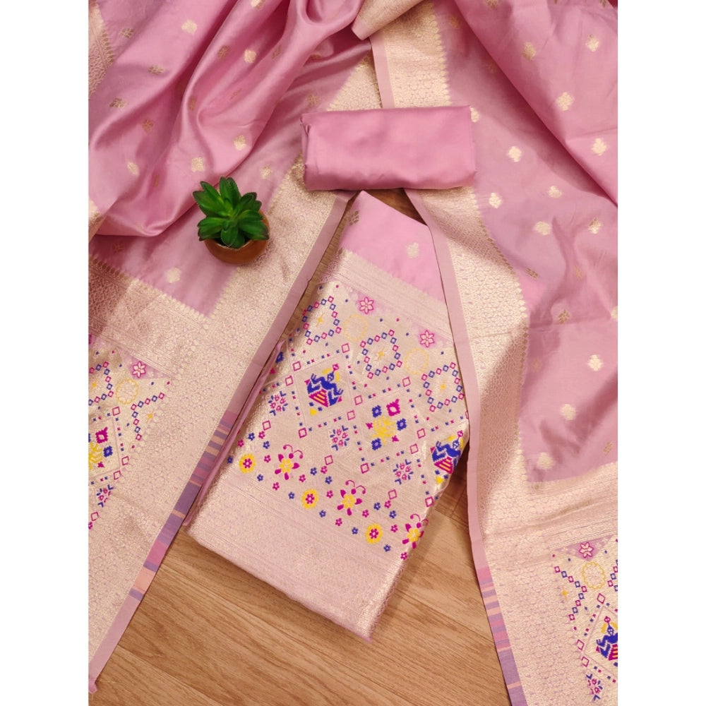 HD Women's Banarasi Silk Printed Unstitched Salwar Suit Material With Dupatta (Light Pink, 3Mtrs)