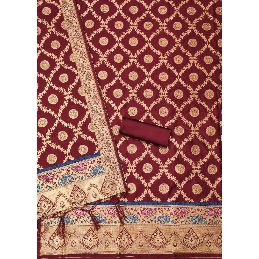 HD Women's Banarasi Silk Printed Unstitched Salwar Suit Material With Dupatta (Maroon, 3Mtrs)