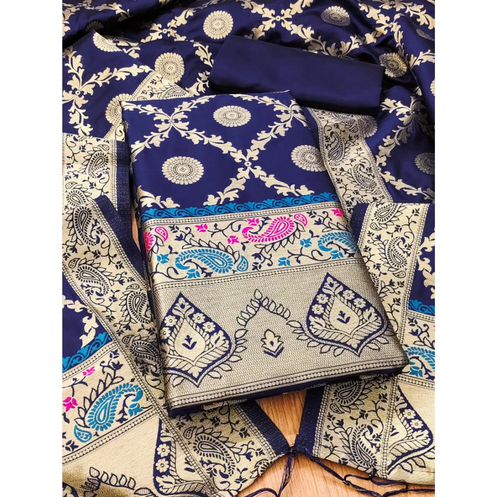HD Women's Banarasi Silk Printed Unstitched Salwar Suit Material With Dupatta (Navy Blue, 3Mtrs)