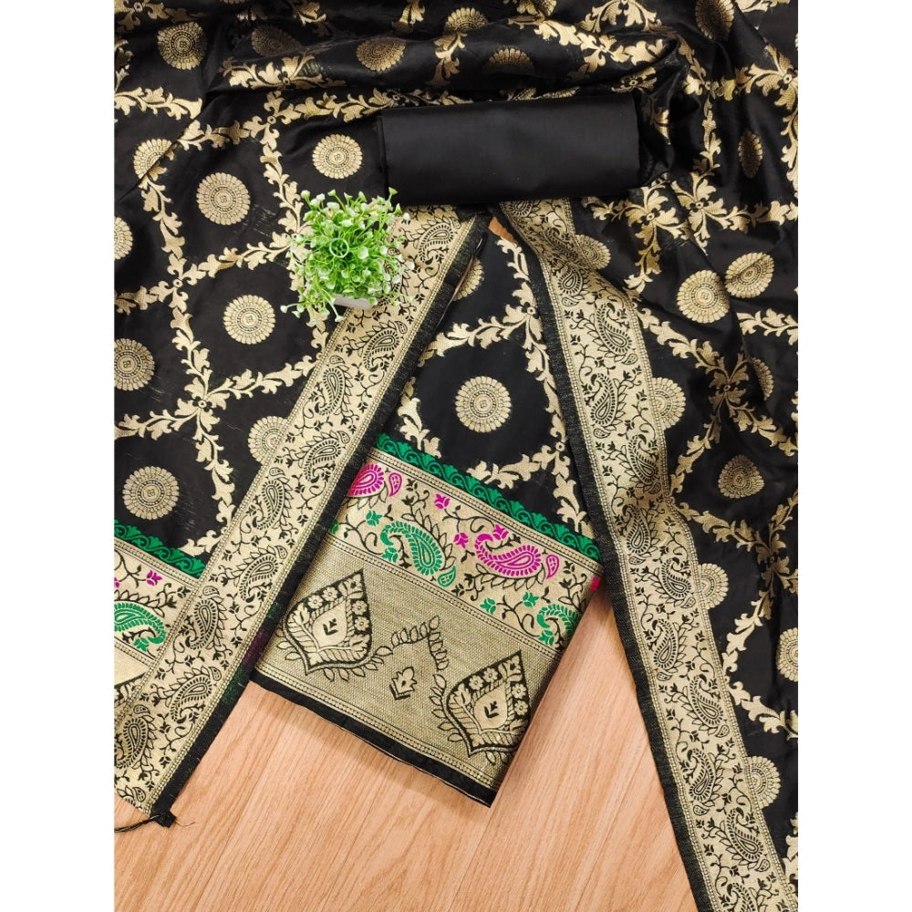 HD Women's Banarasi Silk Printed Unstitched Salwar Suit Material With Dupatta (Black, 3Mtrs)