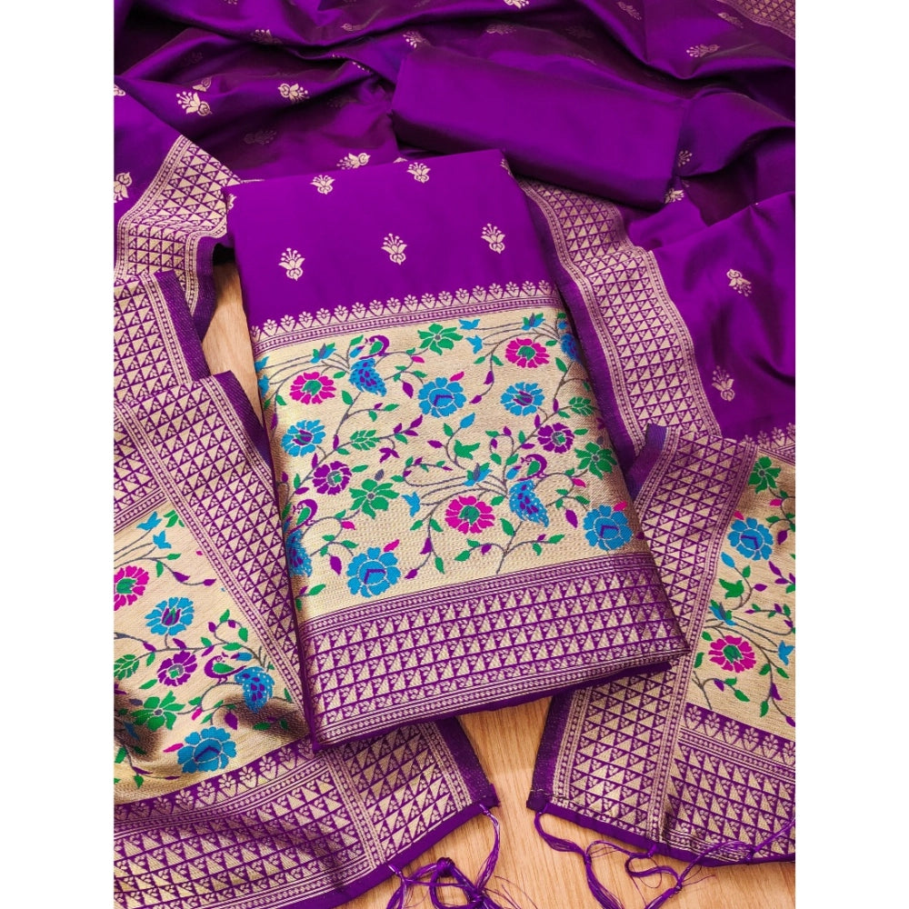 HD Women's Banarasi Silk Printed Unstitched Salwar Suit Material With Dupatta (Purple, 3Mtrs)