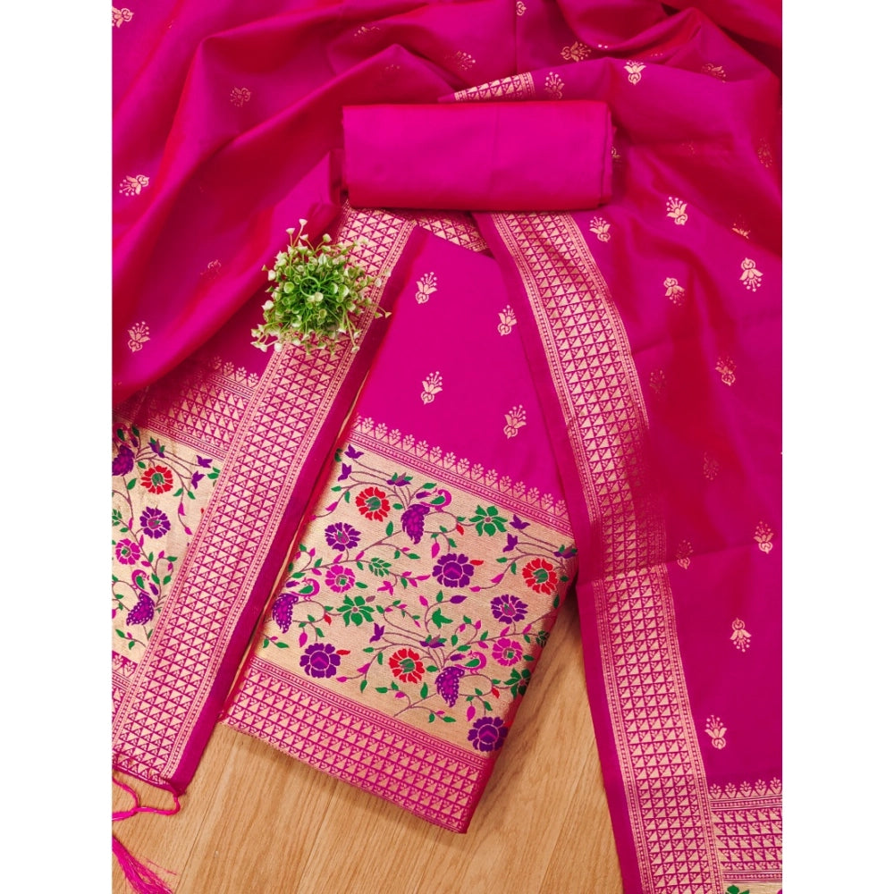 HD Women's Banarasi Silk Printed Unstitched Salwar Suit Material With Dupatta (Pink, 3Mtrs)