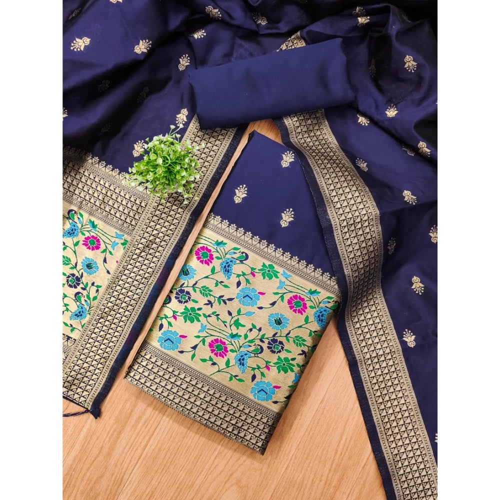 HD Women's Banarasi Silk Printed Unstitched Salwar Suit Material With Dupatta (Navy Blue, 3Mtrs)