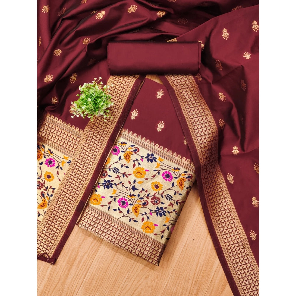 HD Women's Banarasi Silk Printed Unstitched Salwar Suit Material With Dupatta (Maroon, 3Mtrs)