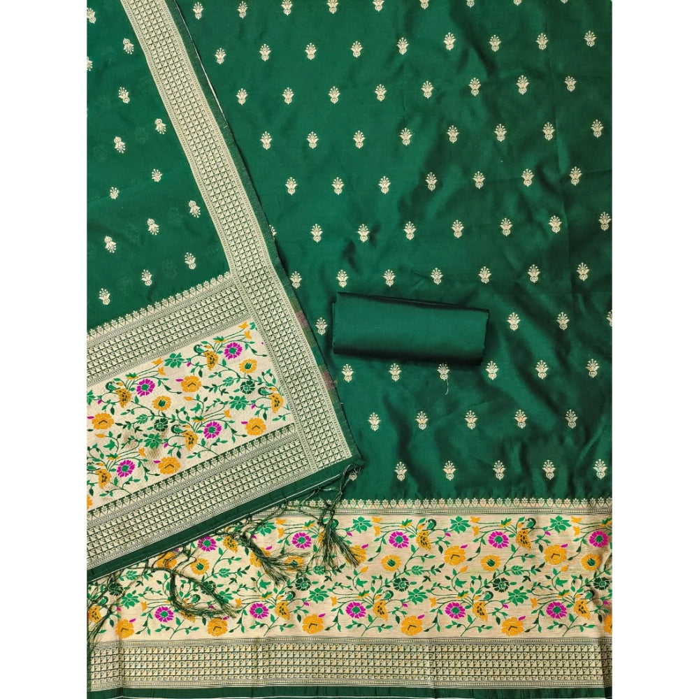 HD Women's Banarasi Silk Printed Unstitched Salwar Suit Material With Dupatta (Bottle Green, 3Mtrs)
