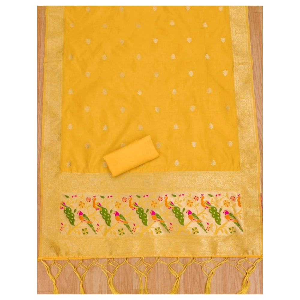 HD Women's Banarasi Silk Printed Unstitched Salwar Suit Material With Dupatta (Yellow, 3Mtrs)