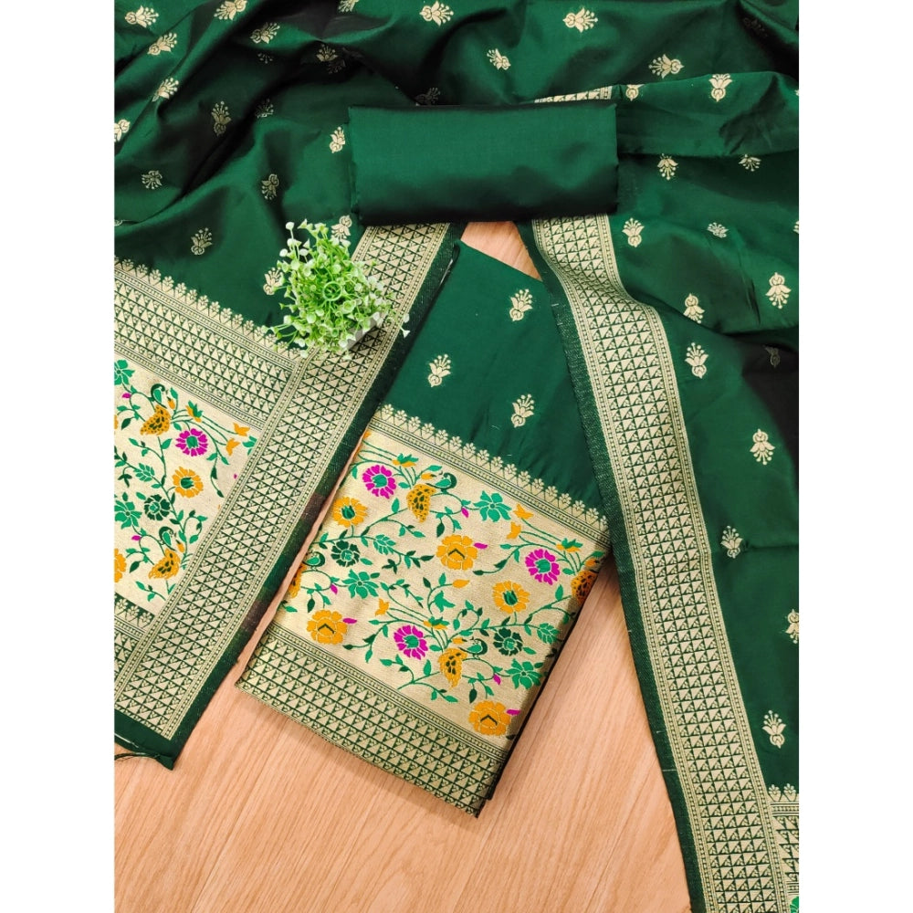 HD Women's Banarasi Silk Printed Unstitched Salwar Suit Material With Dupatta (Bottle Green, 3Mtrs)