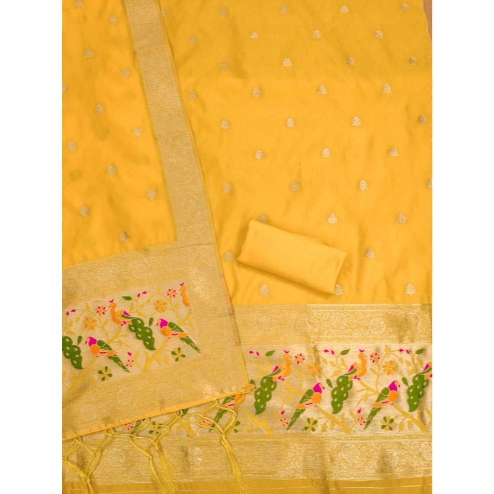 HD Women's Banarasi Silk Printed Unstitched Salwar Suit Material With Dupatta (Yellow, 3Mtrs)