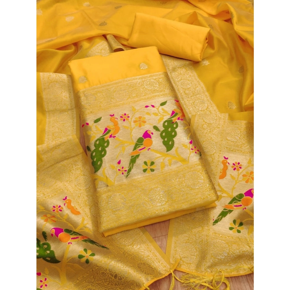 HD Women's Banarasi Silk Printed Unstitched Salwar Suit Material With Dupatta (Yellow, 3Mtrs)