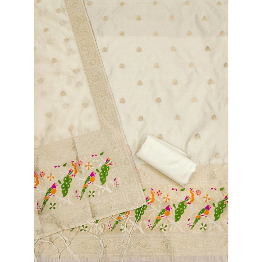 HD Women's Banarasi Silk Printed Unstitched Salwar Suit Material With Dupatta (White, 3Mtrs)