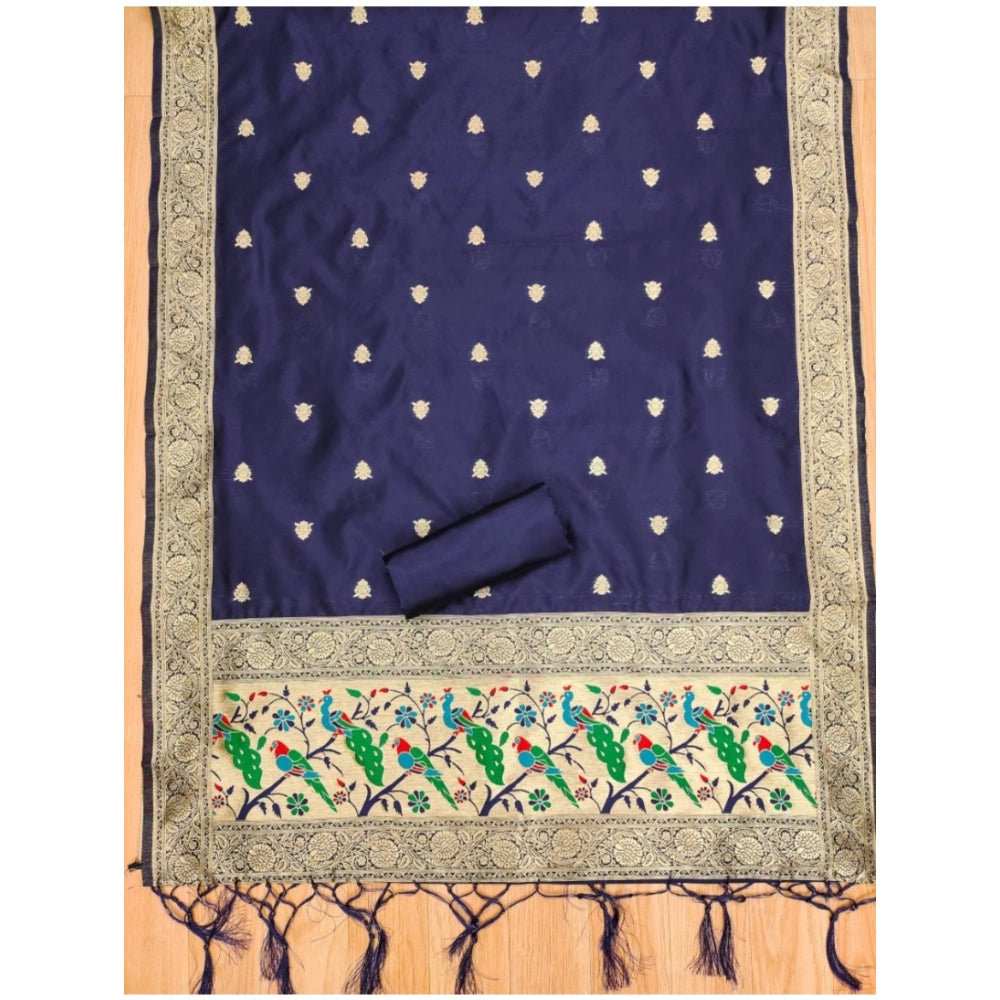 HD Women's Banarasi Silk Printed Unstitched Salwar Suit Material With Dupatta (Navy Blue, 3Mtrs)