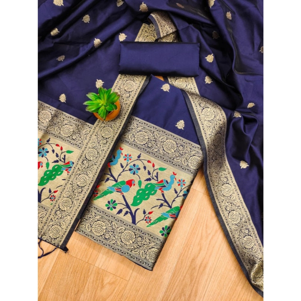 HD Women's Banarasi Silk Printed Unstitched Salwar Suit Material With Dupatta (Navy Blue, 3Mtrs)