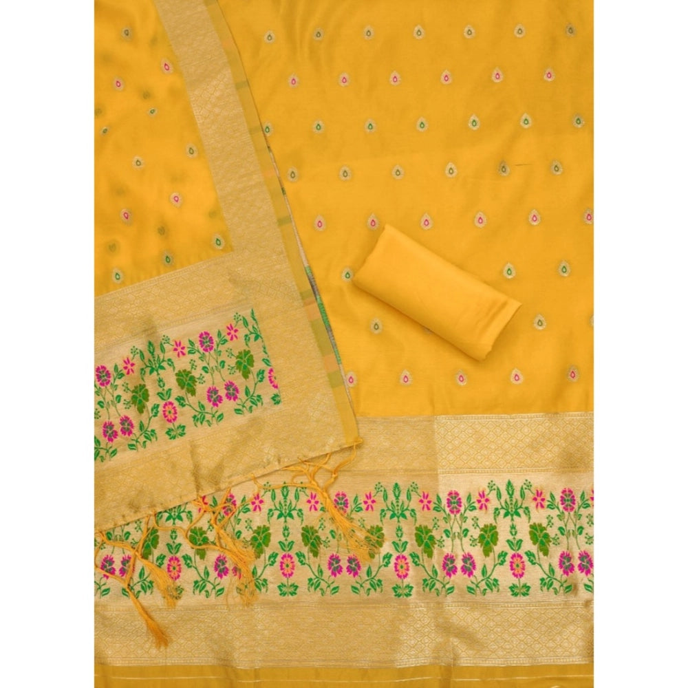 HD Women's Banarasi Silk Printed Unstitched Salwar Suit Material With Dupatta (Yellow, 3Mtrs)
