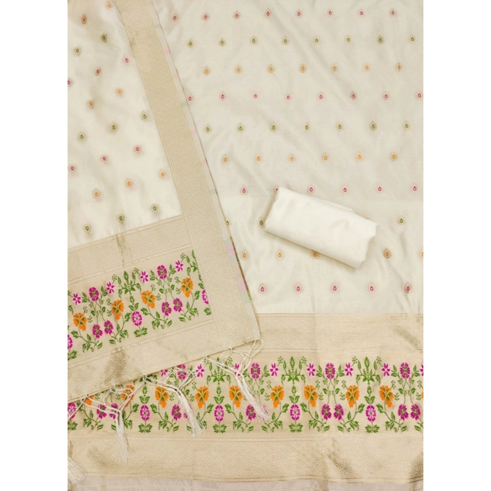 HD Women's Banarasi Silk Printed Unstitched Salwar Suit Material With Dupatta (White, 3Mtrs)