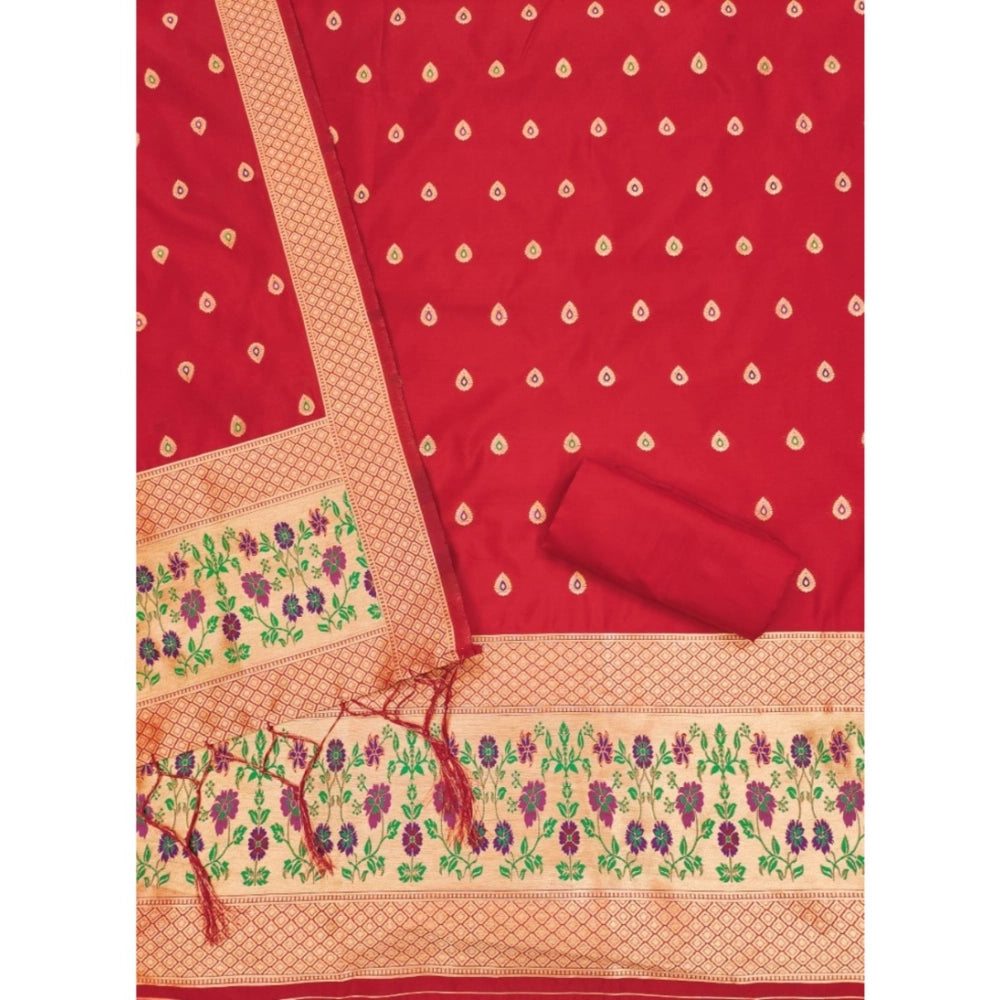 HD Women's Banarasi Silk Printed Unstitched Salwar Suit Material With Dupatta (Red, 3Mtrs)