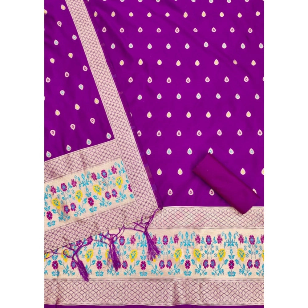HD Women's Banarasi Silk Printed Unstitched Salwar Suit Material With Dupatta (Purple, 3Mtrs)
