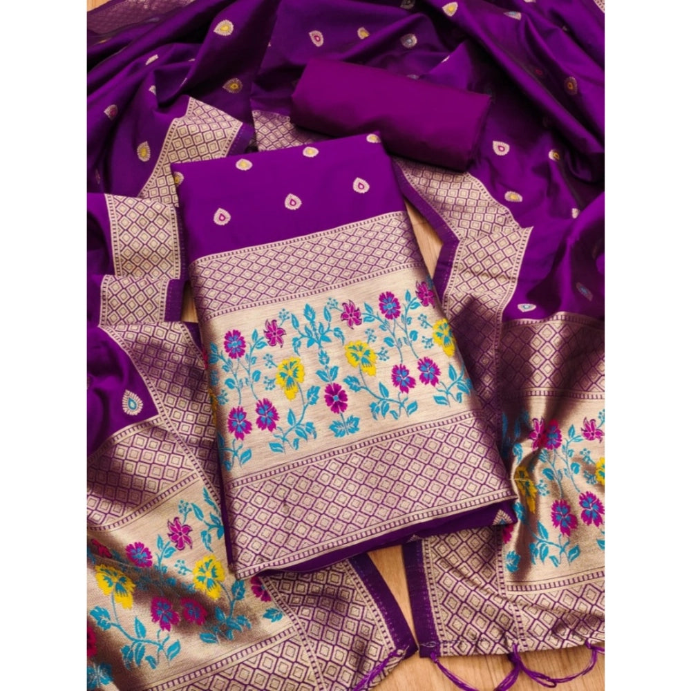 HD Women's Banarasi Silk Printed Unstitched Salwar Suit Material With Dupatta (Purple, 3Mtrs)