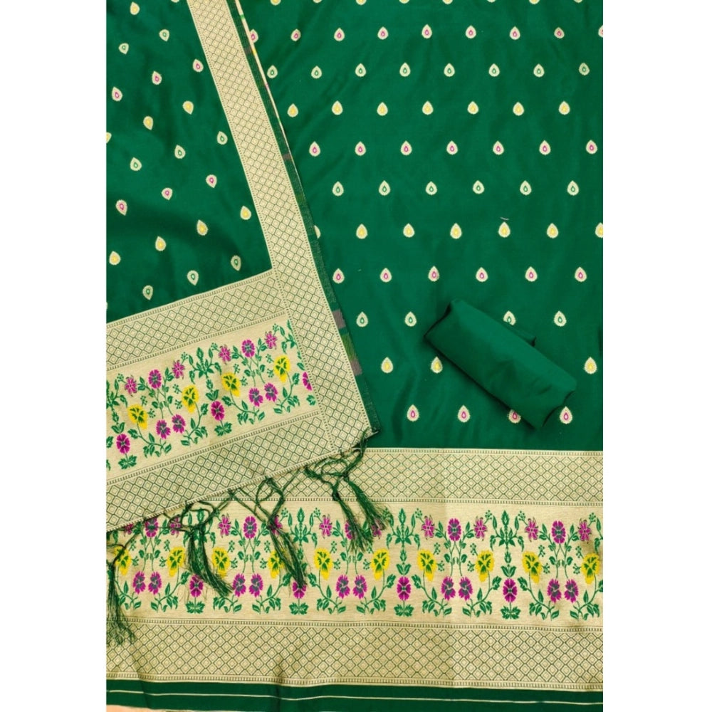 HD Women's Banarasi Silk Printed Unstitched Salwar Suit Material With Dupatta (Bottle Green, 3Mtrs)