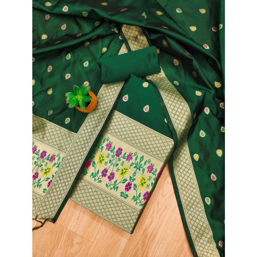 HD Women's Banarasi Silk Printed Unstitched Salwar Suit Material With Dupatta (Bottle Green, 3Mtrs)
