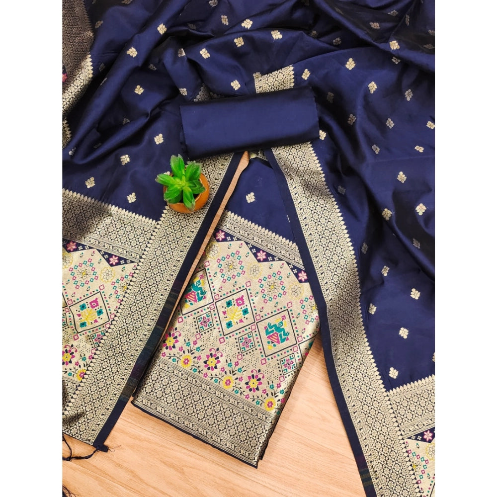 HD Women's Banarasi Silk Printed Unstitched Salwar Suit Material With Dupatta (Navy Blue, 3Mtrs)