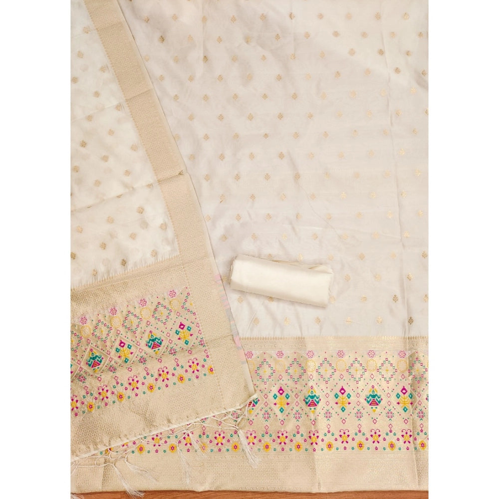 HD Women's Banarasi Silk Printed Unstitched Salwar Suit Material With Dupatta (White, 3Mtrs)
