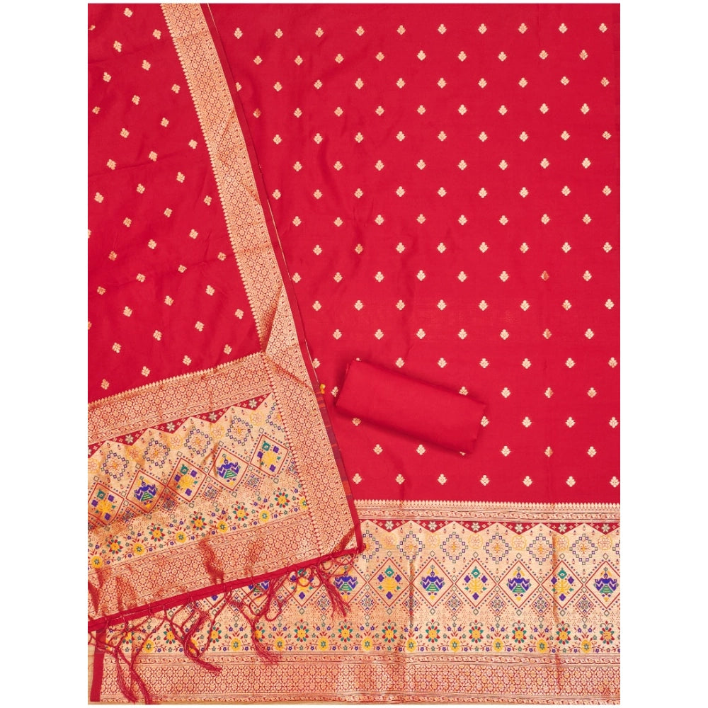 HD Women's Banarasi Silk Printed Unstitched Salwar Suit Material With Dupatta (Red, 3Mtrs)