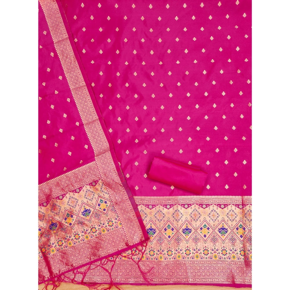 HD Women's Banarasi Silk Printed Unstitched Salwar Suit Material With Dupatta (Pink, 3Mtrs)