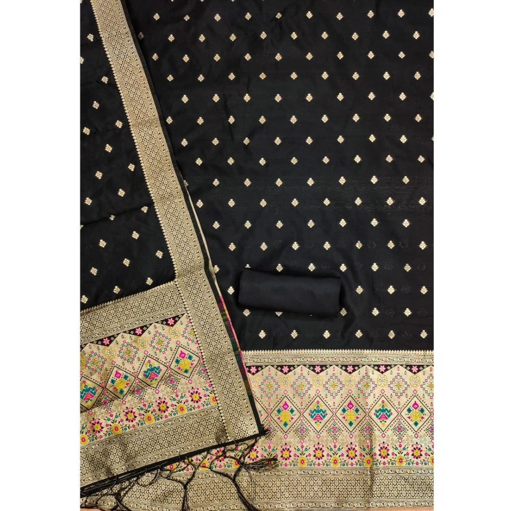HD Women's Banarasi Silk Printed Unstitched Salwar Suit Material With Dupatta (Black, 3Mtrs)