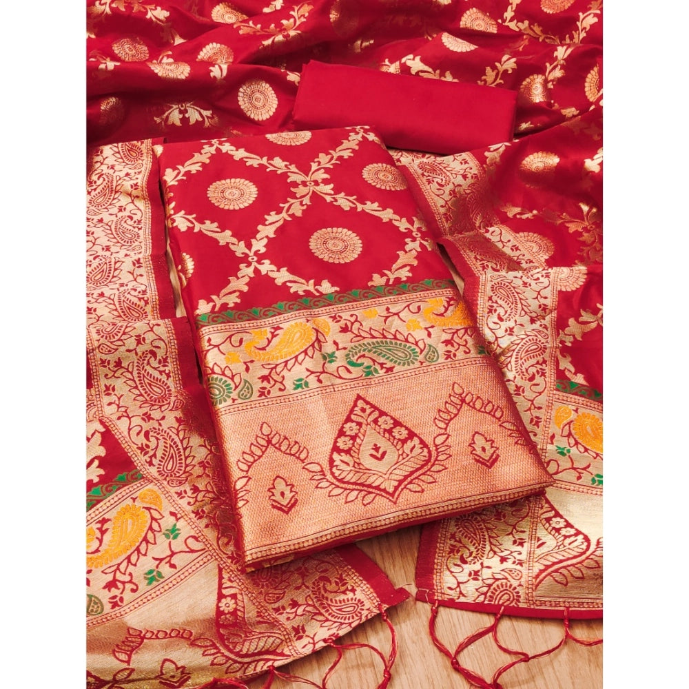HD Women's Banarasi Silk Printed Unstitched Salwar Suit Material With Dupatta (Red, 3Mtrs)
