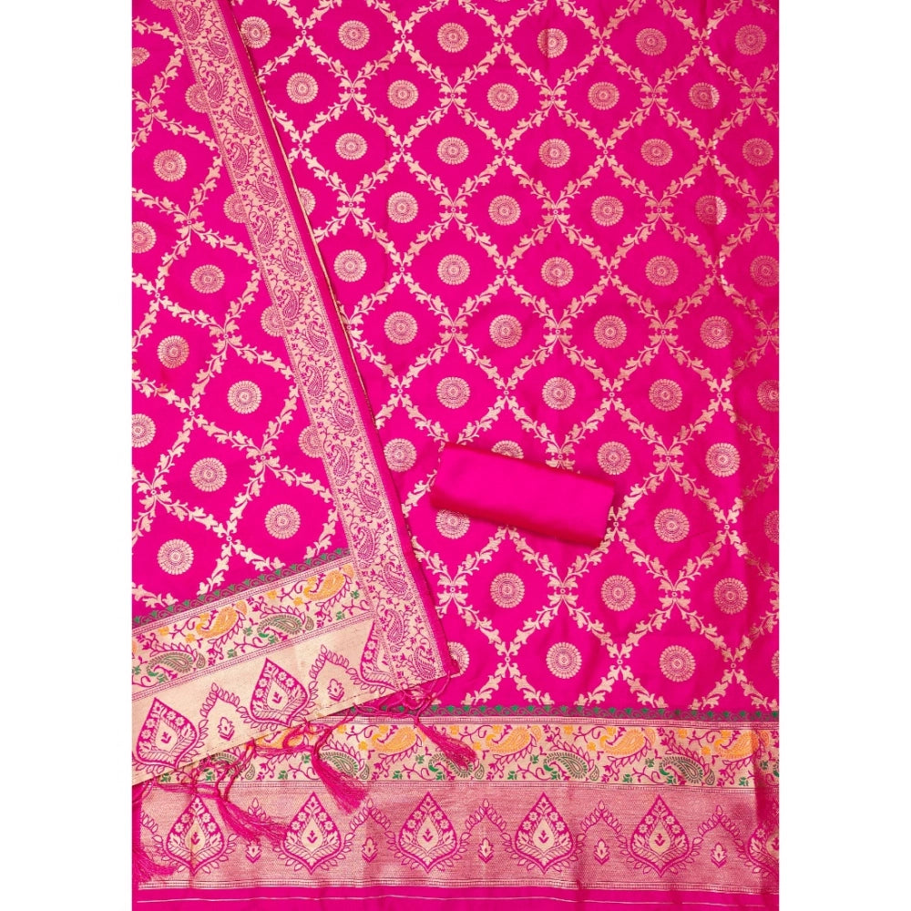 HD Women's Banarasi Silk Printed Unstitched Salwar Suit Material With Dupatta (Pink, 3Mtrs)