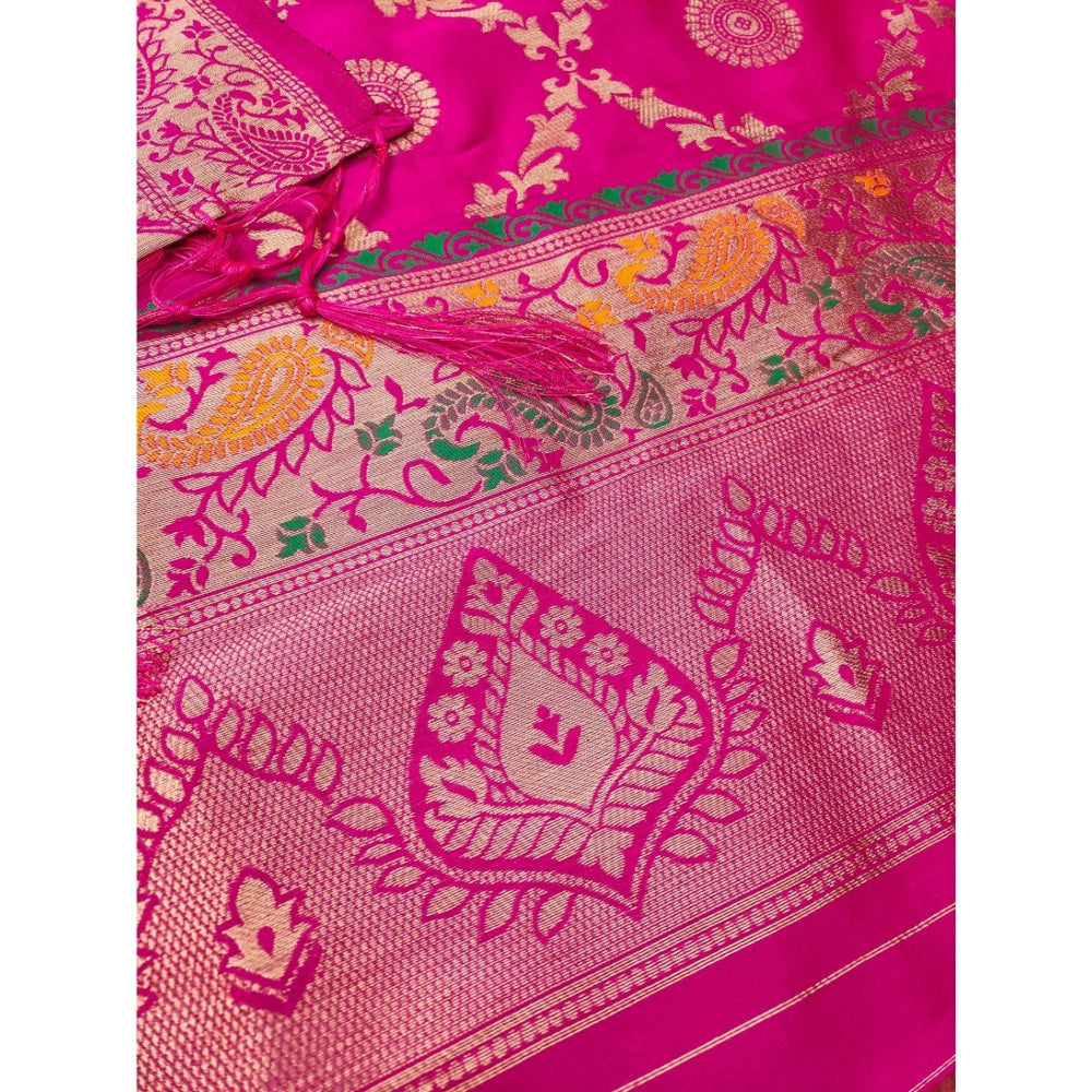 HD Women's Banarasi Silk Printed Unstitched Salwar Suit Material With Dupatta (Pink, 3Mtrs)